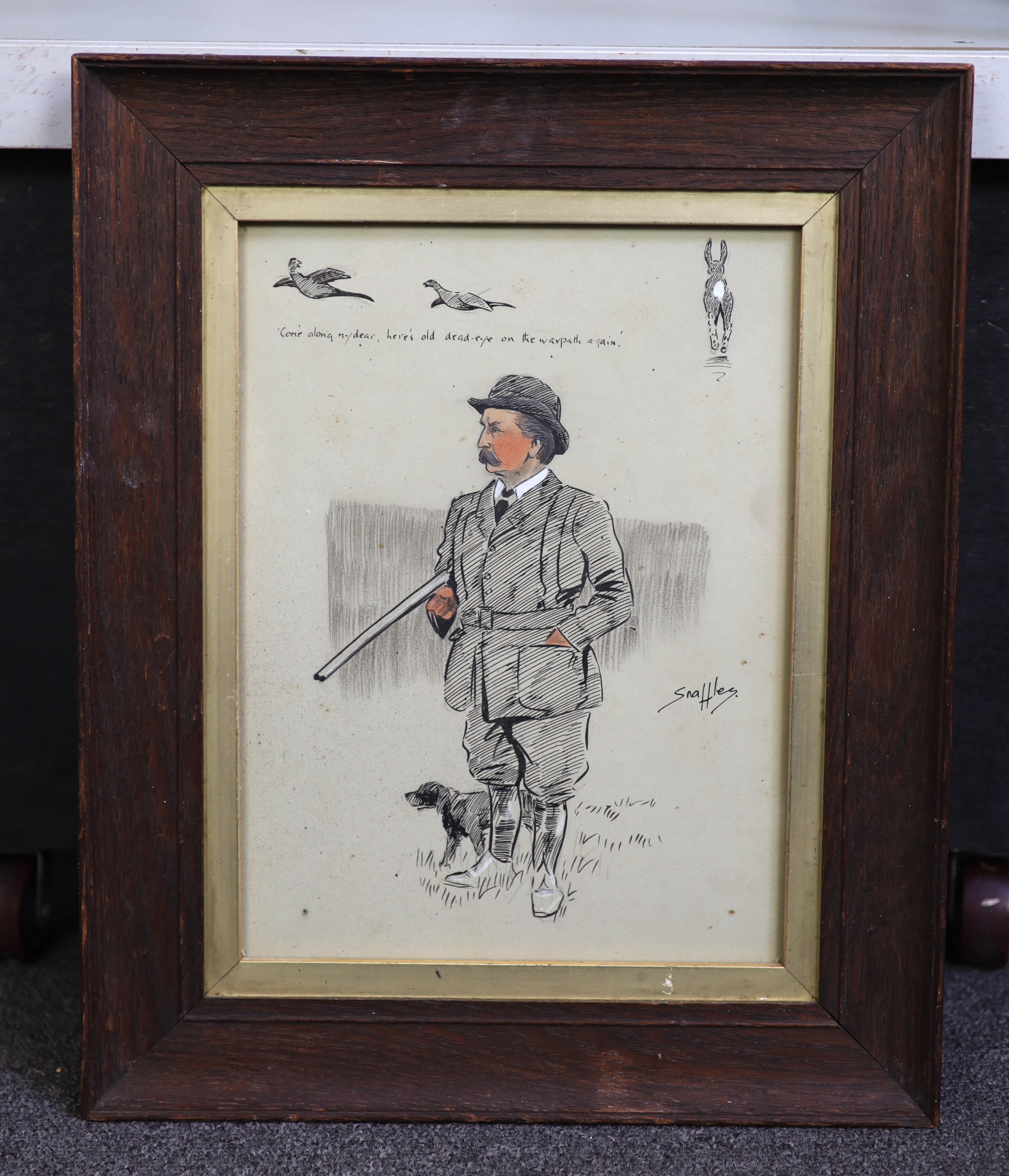 Charles Johnston Payne (Snaffles) (English 1884–1967), 'Come along my dear, here's old Dead-eye on the warpath again', ink and conté crayon, 29 x 21.5cm
